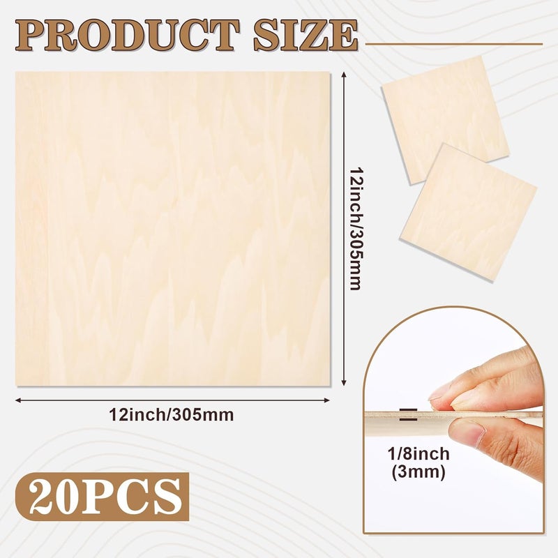 MITINU 20 Pack Basswood Sheets for Crafts,12"x12"x1/8" 3mm Thick Plywood Sheets with Smooth Surfaces-Unfinished Squares Wood Boards for Laser Cutting, Wood Burning, Architectural Models, Staining - Image 2